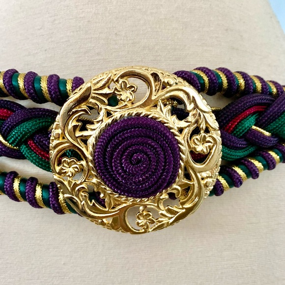 vintage 80’s 90’s statement belt stretch braided Jewel tones Purple Green Gold - Picture 3 of 10